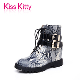 Kiss Kitty 秋季新品休闲圆头皮带扣超高跟内增高侧拉链女短靴