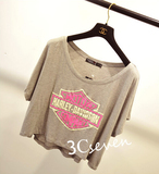 2016夏季新款 韩版荧光撞色字母短款蝙蝠短袖圆领罩衫上衣 T恤女