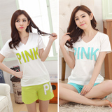 韩国睡衣女短袖莫代尔PINK休闲套装女士衣服白色夏季少女家居服XL