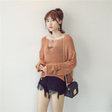 秋季新款韩版女个性破洞镂空长袖毛衣宽松短款套头上衣+M45