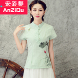 夏季中国风中式唐装旗袍上衣短袖复古民国女装改良汉服女棉麻茶服