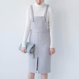 CIE STUDIO韩版冬季保暖羊毛呢高腰背带连衣中裙灰色粉色一步包裙