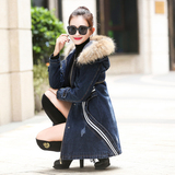 秋冬新款韩版女装长袖加厚羊羔毛风衣外套连帽中长款牛仔棉衣包邮