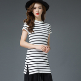 2016夏季韩版修身短袖中长款针织衫黑白条纹百搭针织衫女打底t恤