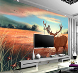 现代简约手绘麋鹿风景定制壁画客厅电视背景墙纸草原风景动物壁纸