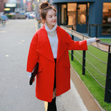 冬装橘红色翻领中长款时尚廓形茧型宽松毛呢外套呢子大衣