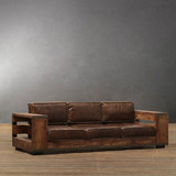 美式loft实木三人沙发 办公软皮沙发组合椅子铁艺复古实木沙发椅