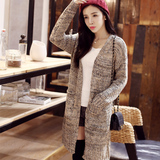 针织毛衣外套 韩版中长版宽松大码女长袖混色开衫大口袋外套