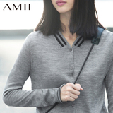 Amii女装旗舰店艾米2016春装新款运动撞色条纹长袖开衫大码毛针织