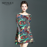 Shyslily2016新款春装时尚印花圆领压褶褶皱气质妈妈装三宅连衣裙