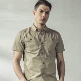 AK男装2016新款复古全棉军袋翻领上衣纯色夏季修身短袖衬衫