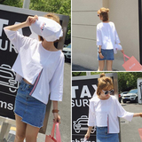 韩版2016夏季女装新款宽松七分喇叭袖不规则开叉拼接白色棉T恤潮t