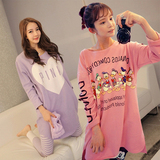 韩版紫色pink夏季女人宽松款睡衣春秋款纯棉质卡通长袖家居服套装