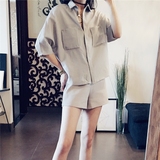韩版2016春夏新款文艺简约纯色宽松蝙蝠袖口袋短款雪纺衬衫衬衣女