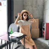 夏装韩国甜美小开领短袖条纹针织T恤拼接圆环吊带连衣裙两件套装