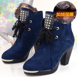 京晨冬季新款老北京布鞋正品中跟女鞋系带加绒布靴子亮钻高档短靴