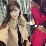 2015秋冬装新款韩版大码女装宽松显瘦中长款时尚毛领斗篷毛呢外套