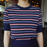 2016夏季韩版套头纯色圆领宽松短袖t恤女几何拼色针织打底衫上衣