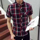 青少年格子衬衫男短袖学生韩版英伦修身衣服休闲潮流男装半袖衬衣