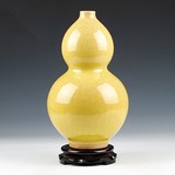 新景德镇陶瓷器 仿古冰片官窑裂纹釉黄色葫芦花瓶 客厅家居装饰摆