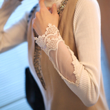 2016秋装新款韩版修身淑女高领蕾丝打底衫女大码长袖t恤镂空上衣