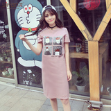 2016春夏韩版女圆领宽松短袖加长款卡通卫衣打底体恤连衣裙粉色