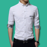 韩版男士白色时尚衬衫男修身款春秋青少年商务休闲长袖衬衣潮男装