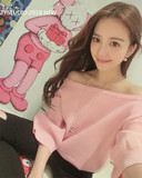 韩国代购春夏新款性感粉色露肩上衣 冰麻宽松个性中袖打底针织衫