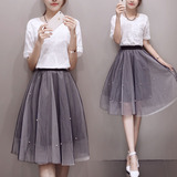2016夏装新款韩版蕾丝圆领上衣网纱半身裙两件套连衣裙女