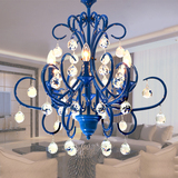 【工厂直销】地中海蓝色吊灯 客厅卧室餐厅灯 欧式铁艺蜡烛水晶灯