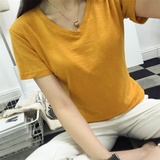 【天天特价】韩国竹节棉多个色t恤女短袖夏装V领修身显瘦纯色上衣
