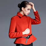 2015冬季新款欧美高端大牌红色短款羊毛大衣女呢子外套翻领通勤