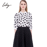 Lily丽丽2015夏新款女装欧美修身棉质黑白圆点七分袖衬衫115220G4
