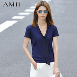 Amii2016夏季女士纯色百搭简约修身低领显瘦绑带v字领t恤女短袖