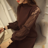 2015秋冬蕾丝镂空半高领打底衫女套头毛衣针织衫修身长袖毛衣上衣