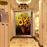 玄关装饰画欧式花卉手绘向日葵油画客厅餐厅走廊过道竖版家居挂画