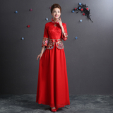 中式婚礼敬酒服旗袍长款修身复古红色新娘结婚礼服秀禾服长袖冬季