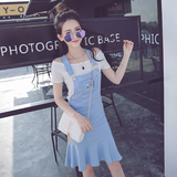 韩国2016新款时尚一字肩上衣鱼尾牛仔背带裙套装女夏季休闲两件套