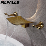 出口铜主体三件套镀金色瀑布入墙冷热双把手面盆浴缸豪华水龙头
