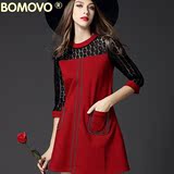 Bomovo2016春季新款欧美大牌蕾丝连衣裙七分袖名媛红色a字裙女装