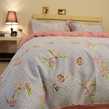 韩版蓝色碎花田园花朵 粉色格子床单纯棉小清新床上用品四件套
