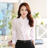 夏装新款韩版荷叶边女士白色长袖衬衫 职业装修身OL打底女衬衣