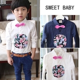 韩版童装男童加绒长袖衬衫外套 2015春装新款纯棉波点儿童衬衣潮