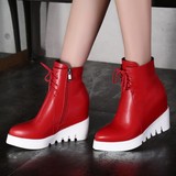 韩版内增高短靴厚底时尚系带坡跟系带马丁靴潮女靴红色尖头短筒秋