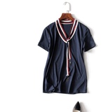 日本订单尾货 三条杠蓝白红领带条纹V领短袖T恤女夏2016欧洲站潮
