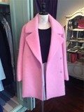 2015秋冬日本代购同款大翻领甜美粉色羊毛呢女士中长款大衣外套