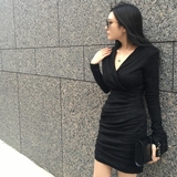 【周扬青】 2016春新款 中长款修身连衣裙 包臀显瘦 麂皮小黑裙