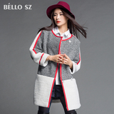bello sz贝洛安2015冬装新款无领撞色拼接长袖大衣外套女中长款