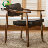 酒店餐椅实木复古靠背沙发椅单人宜家休闲咖啡椅皮布做旧北欧古典