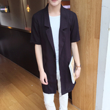 2016夏季中长款衬衫男潮韩版薄修身翻领短袖长款披风外套男装衬衣